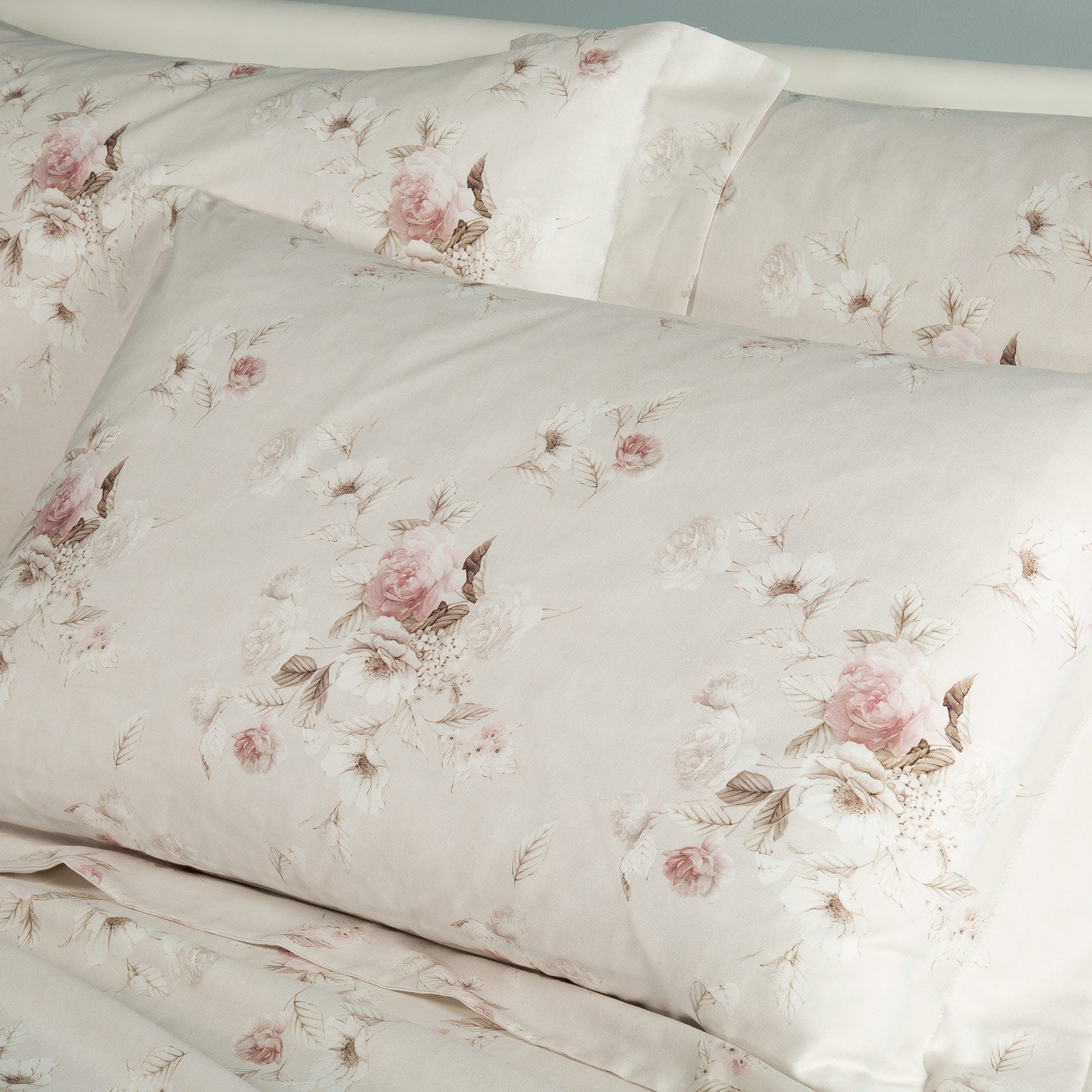 Completo-lenzuola-Matrimoniale-Naturale-Emotions-Floreale-Caleffi-Raso-di-Cotone-Senza-imbottitura