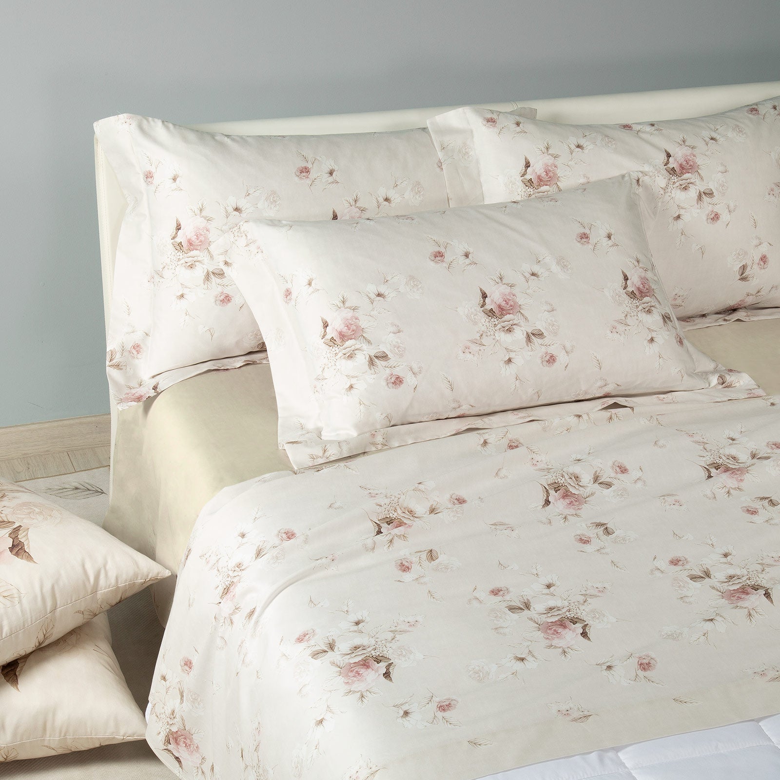 Completo-lenzuola-Matrimoniale-Naturale-Emotions-Floreale-Caleffi-Raso-di-Cotone-Senza-imbottitura