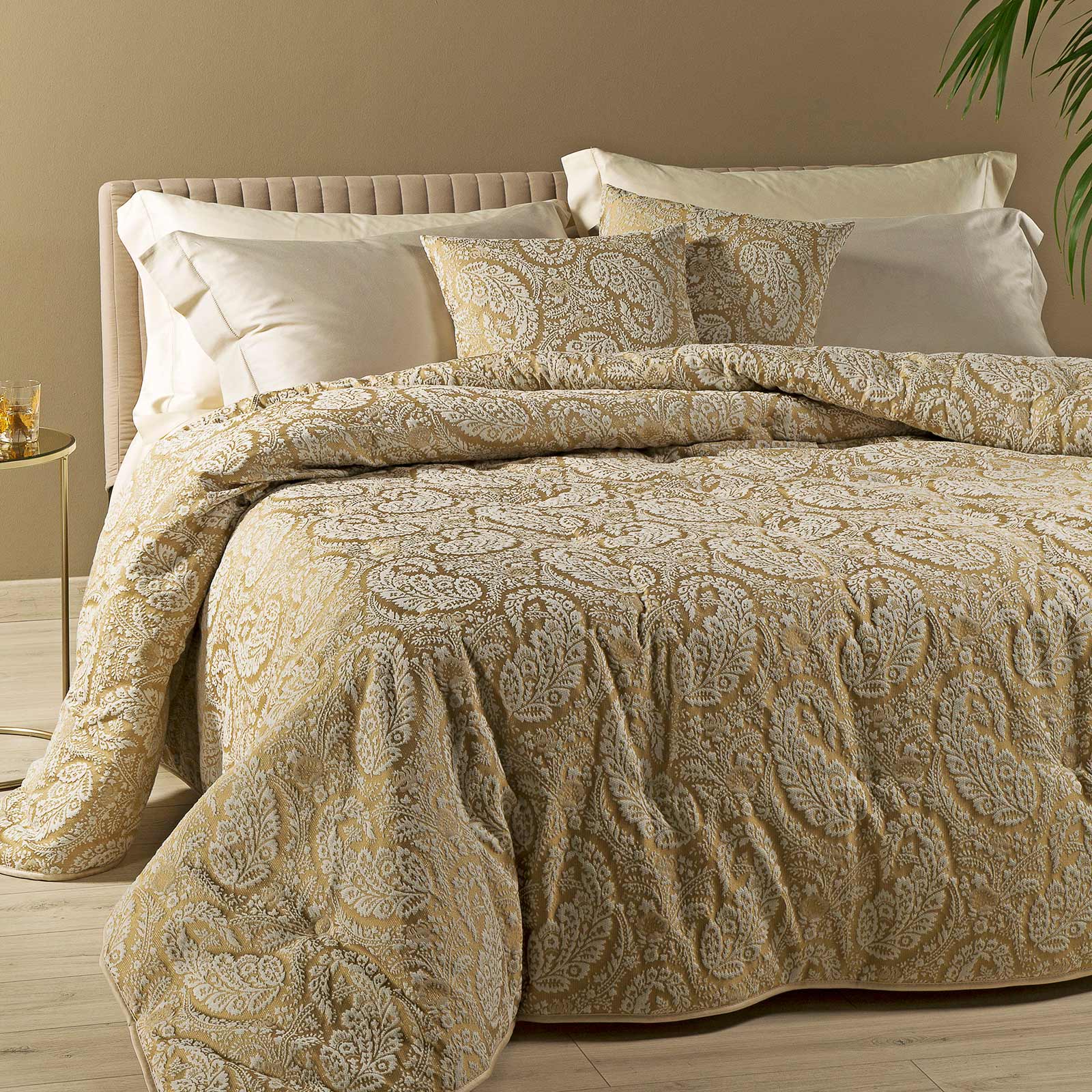 Leggerissima-Matrimoniale-Oro-Prince-Tinta Unita-Caleffi-Jacquard-Microfibra