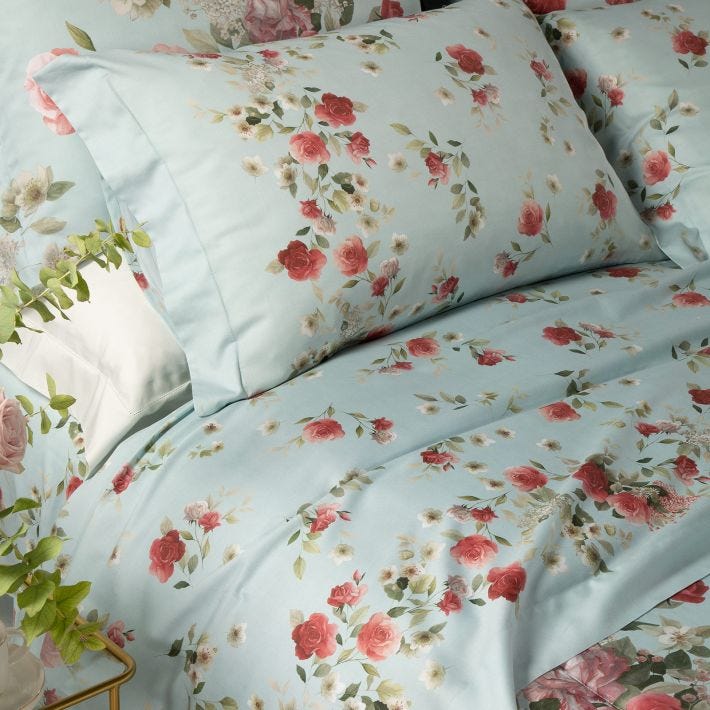 Completo-lenzuola-Matrimoniale-Acquamarina-Rosier-Floreale-Caleffi-Raso-di-Cotone-Senza-imbottitura