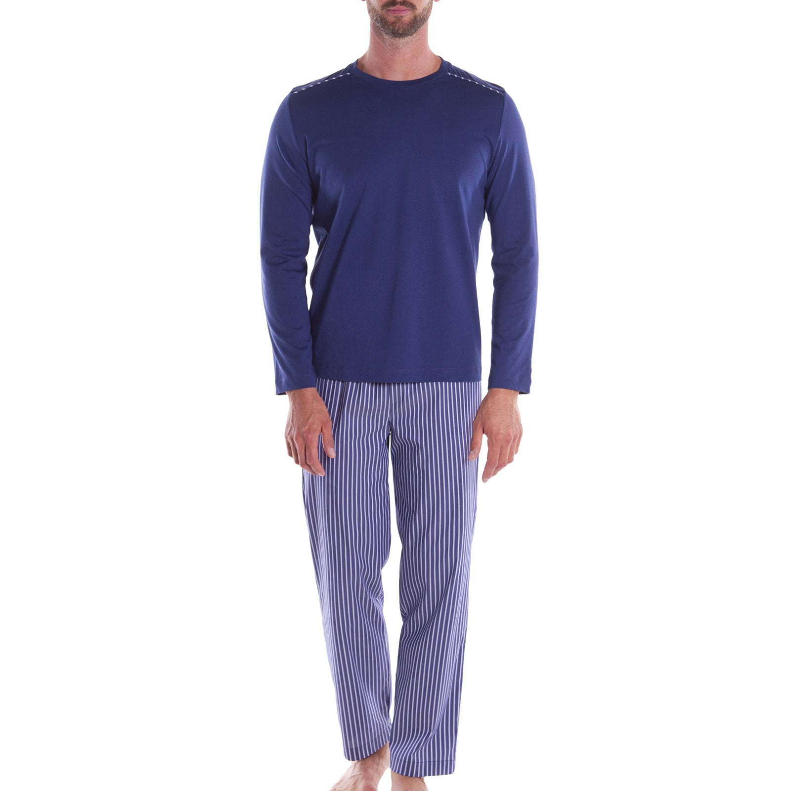 Pigiama-Taglia-large-l-Blu-Oxford-Geometrico-Caleffi-Jersey-di-Cotone-Senza-imbottitura