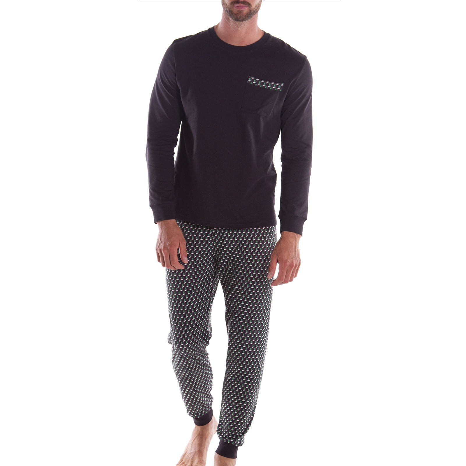 Pigiama-Taglia-large-l-Grigio-Sporty-Geometrico-Caleffi-Jersey-di-Cotone-Senza-imbottitura