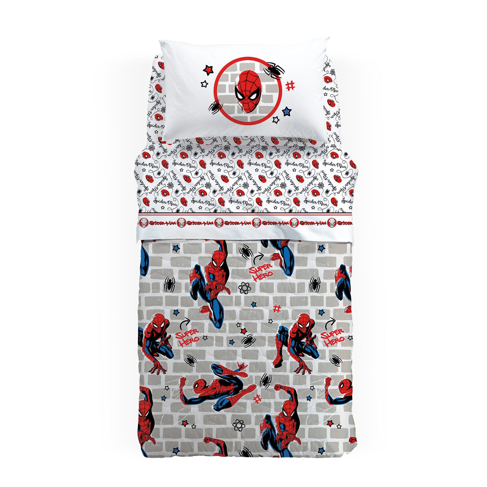Copriletto-trapuntato-Singolo-Unica-Spider-man Wall-Ragazzo-Marvel-Cotone-Fibra-anallergica