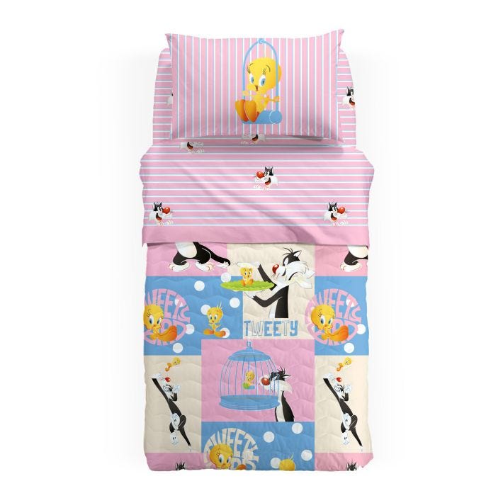Copriletto-trapuntato-Singolo-Unica-I Love Tweety-Ragazzo-Warner-Bros-Cotone-Fibra-anallergica