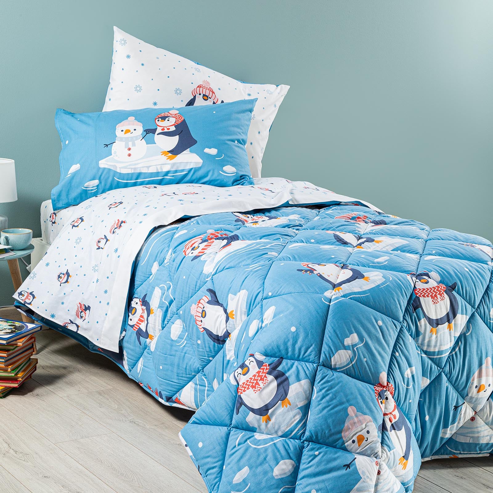 Trapunta-Singolo-Unica-Pinguini-Ragazzo-Caleffi Kids-Cotone-Microfibra
