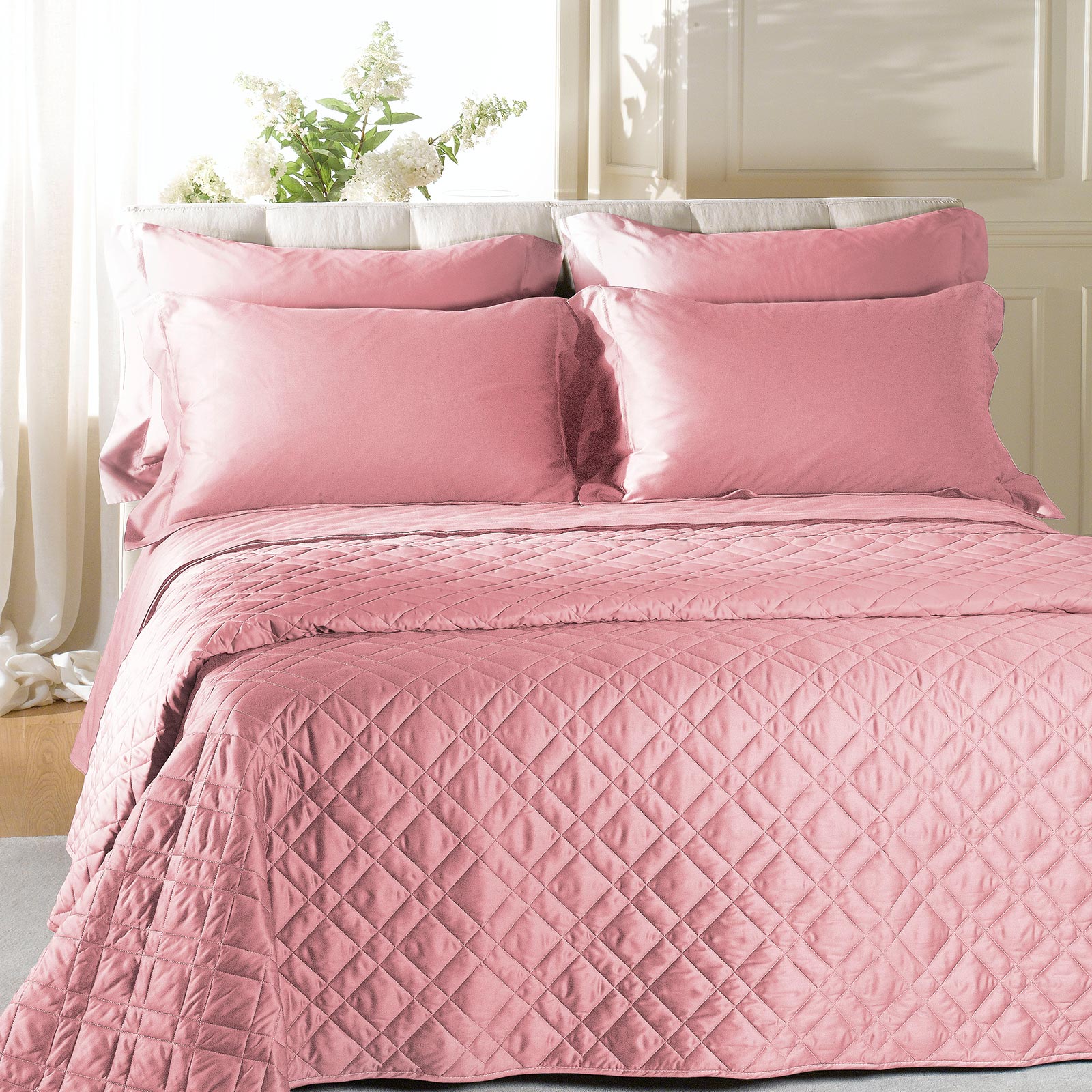 Copriletto-trapuntato-Matrimoniale-Rosa-Raso-Tinta Unita-Caleffi-Raso-di-Cotone-Fibra-anallergica
