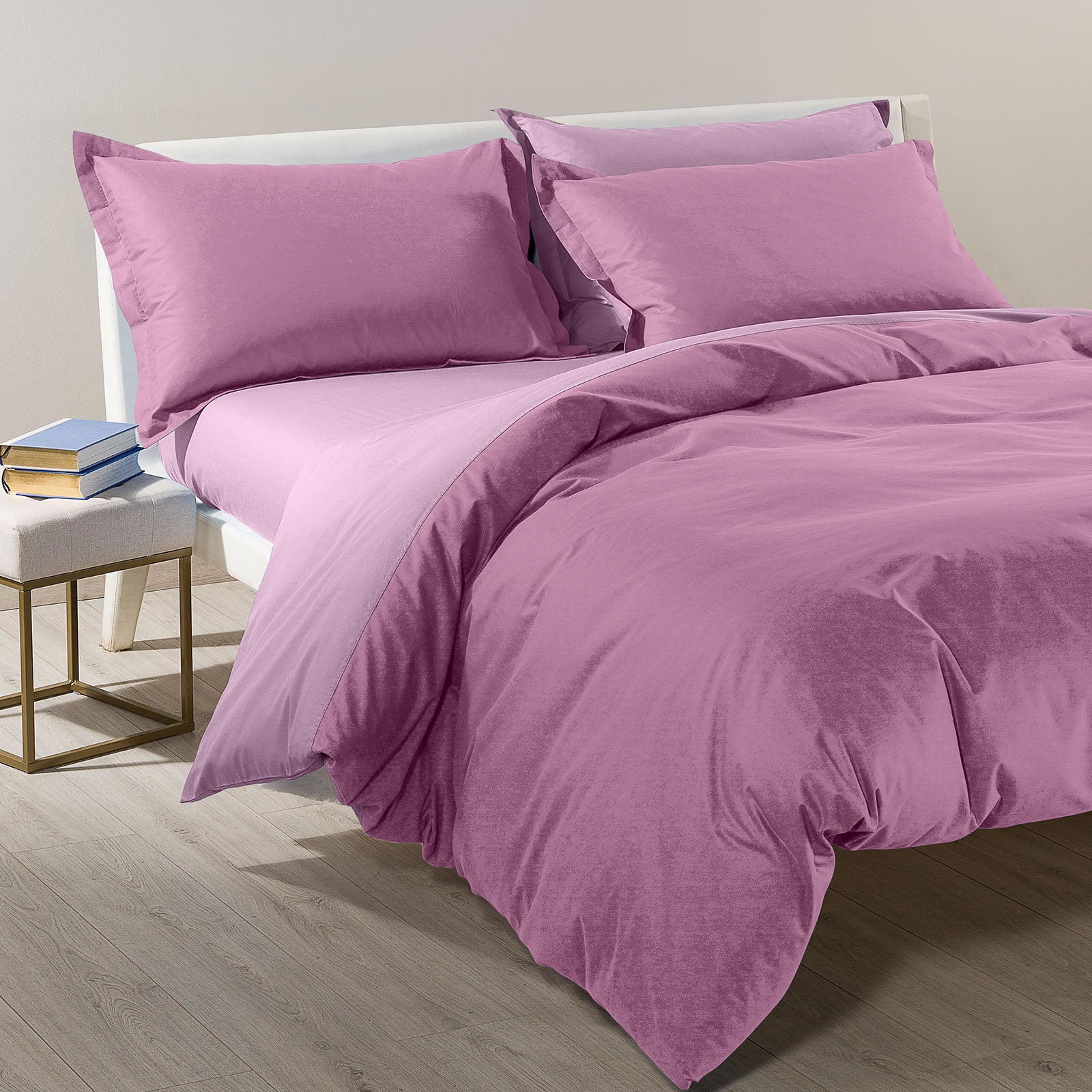 Completo-copripiumino-Matrimoniale-Orchidea-Bicolor-Tinta Unita-Caleffi-Cotone-Senza-imbottitura